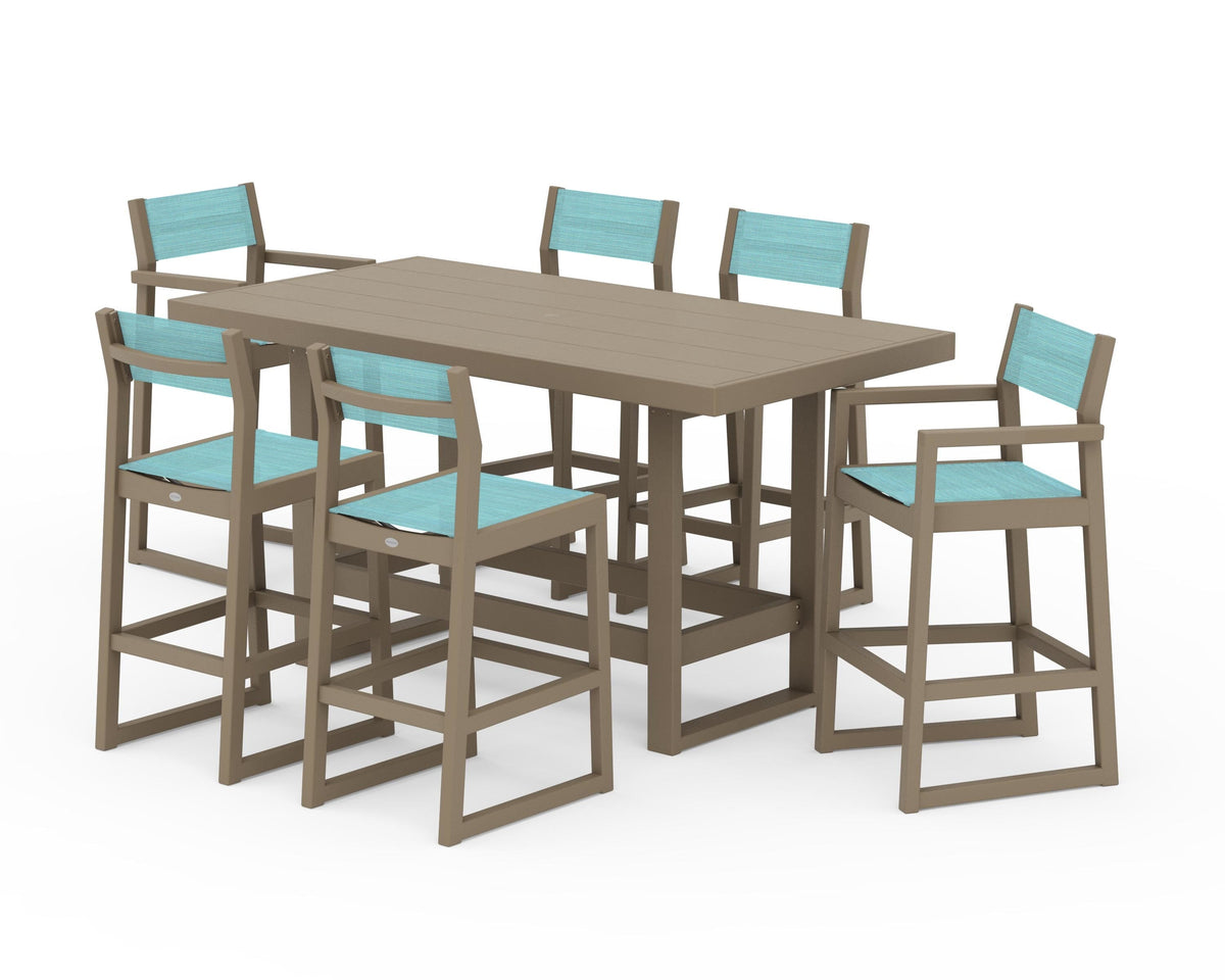 POLYWOOD EDGE Sling 7-Piece Bar Table Set in Vintage Sahara / Dupioni Aquamarine