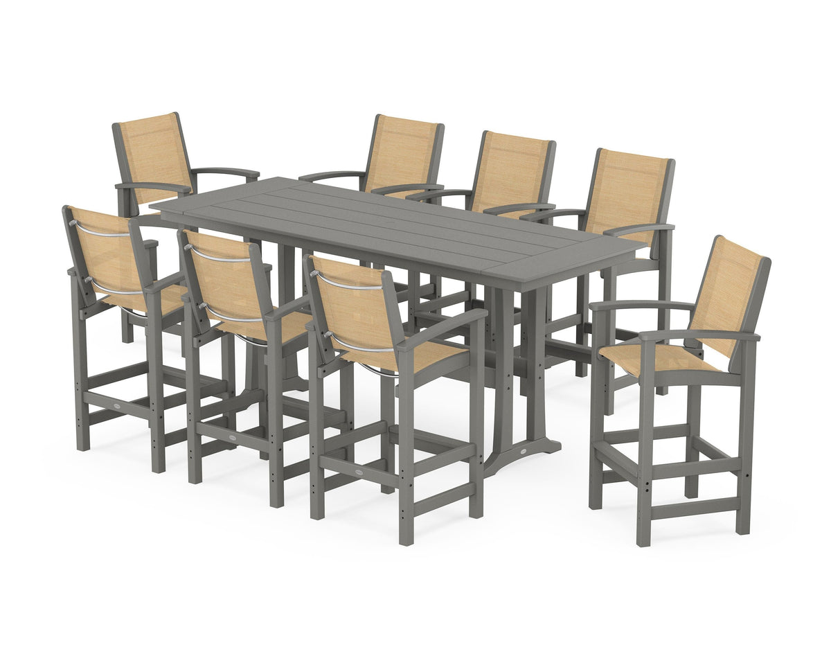 POLYWOOD Coastal 9-Piece Farmhouse Bar Set with Trestle Legs in Slate Grey / Dupioni Apricot