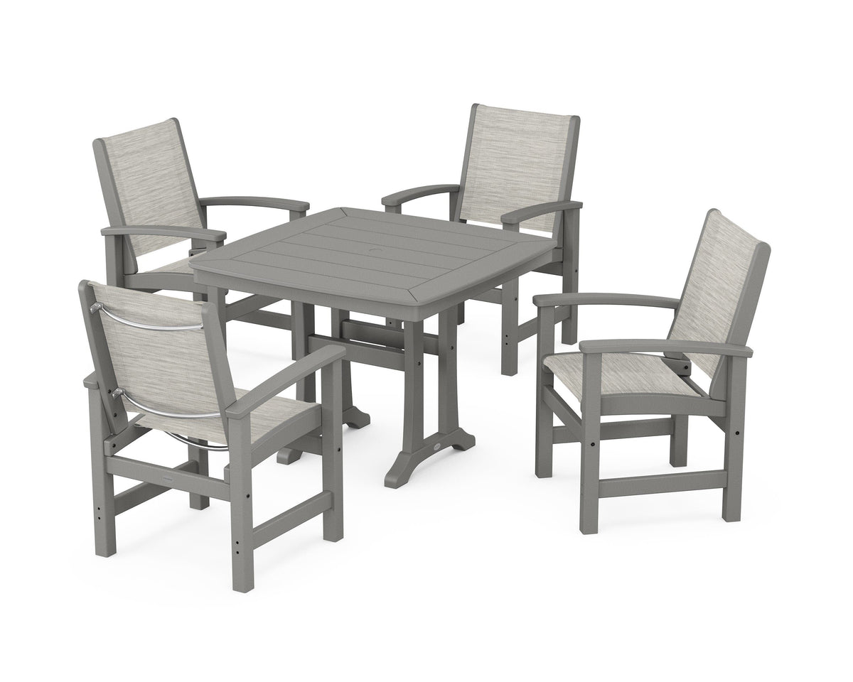 POLYWOOD Coastal 5-Piece Dining Set with Trestle Legs with Nautical Trestle 37" Dining Table in Slate Grey / Birch