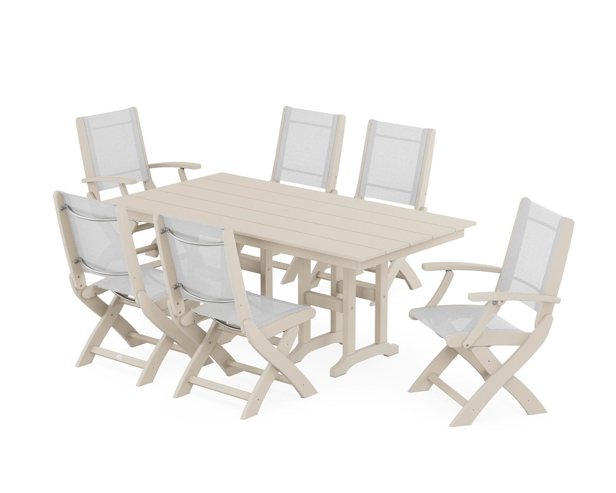 POLYWOOD Coastal Folding Chair 7-Piece Farmhouse Dining Set in Sand / White