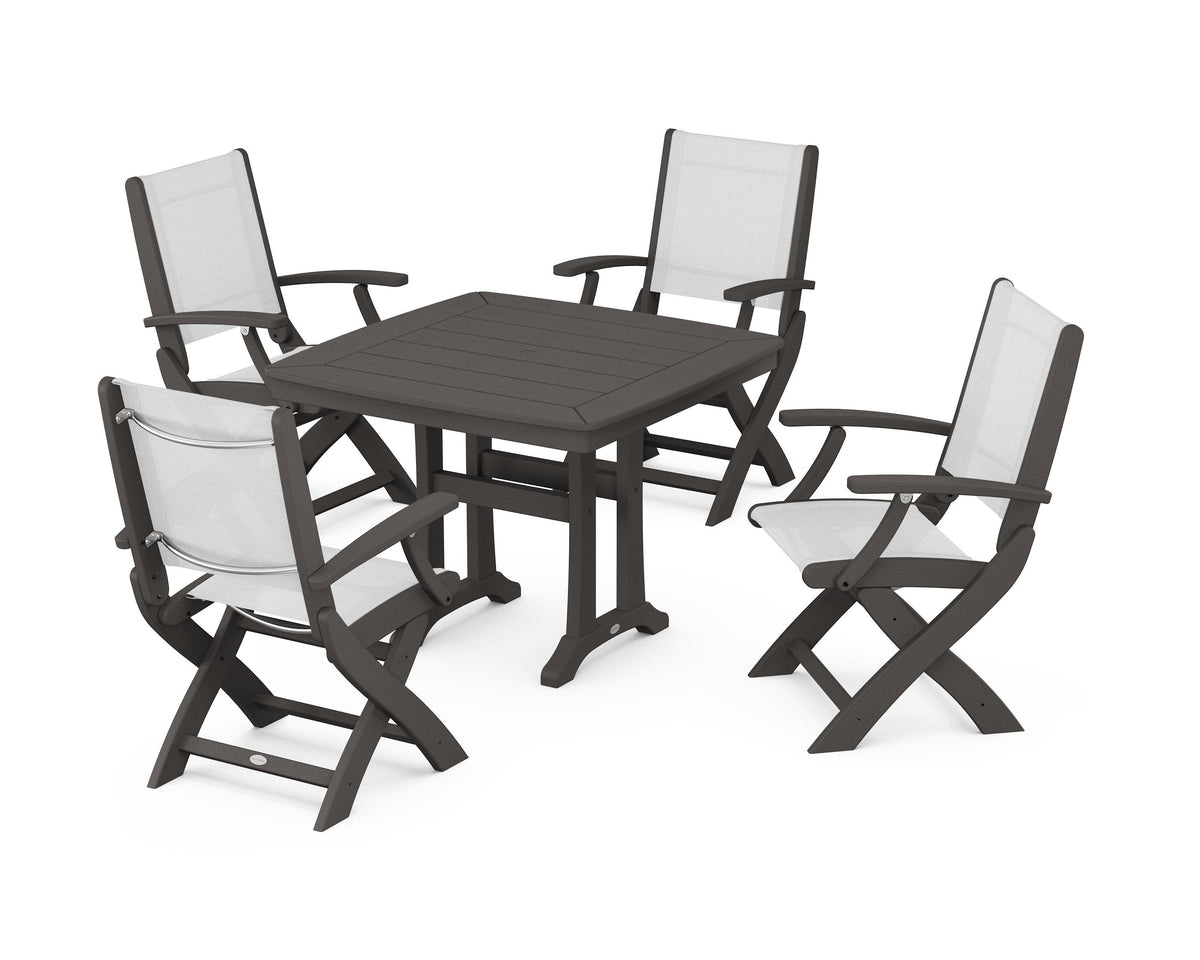 POLYWOOD Coastal Folding Chair 5-Piece Dining Set with Trestle Legs in Vintage Coffee / White