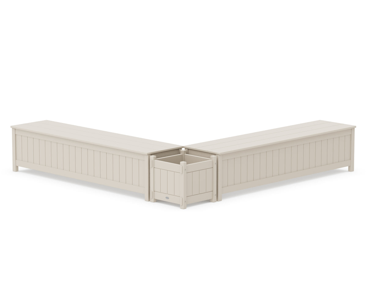POLYWOOD 72" Vineyard L-Shaped Planter Storage Bench Set in Sand