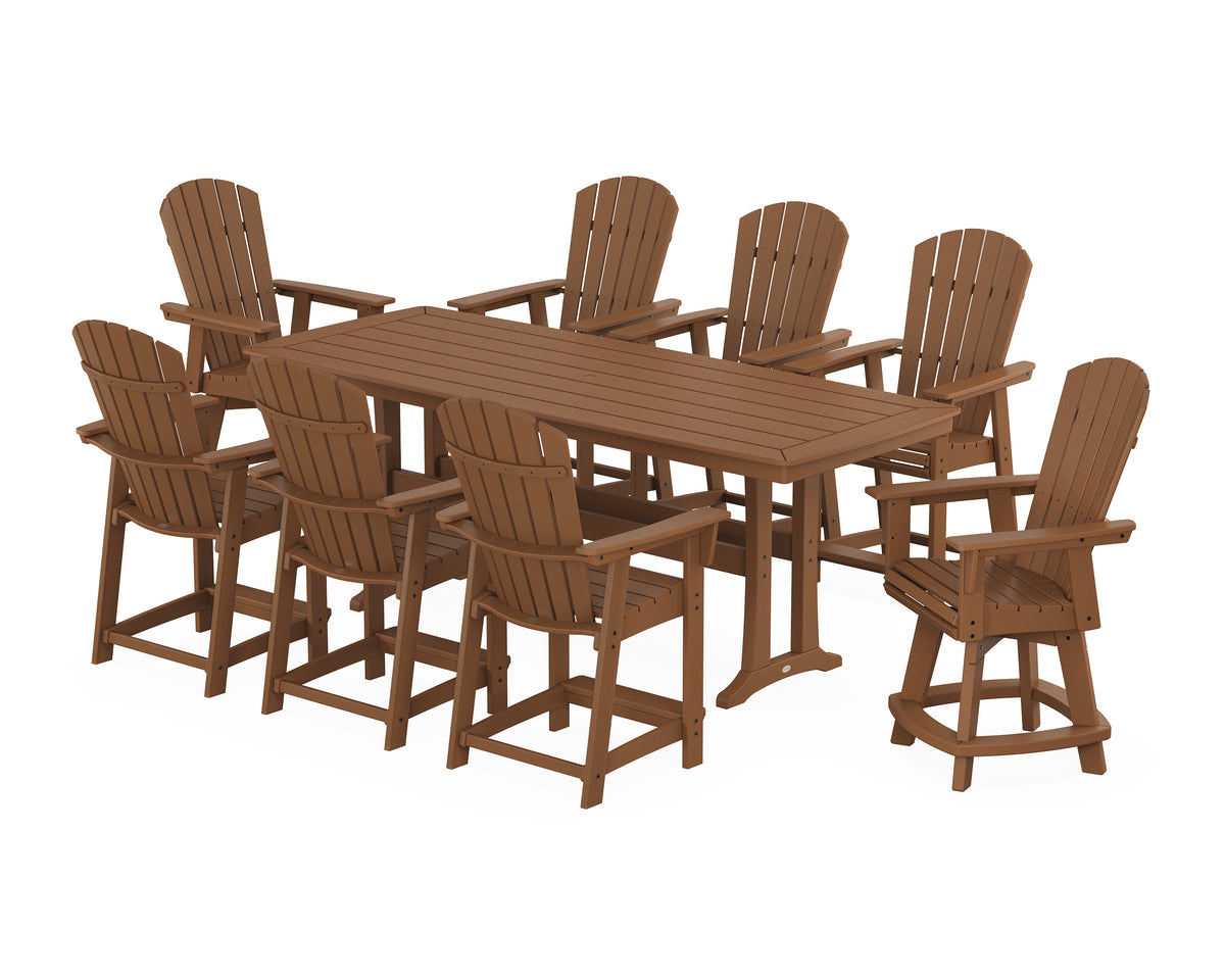 POLYWOOD Nautical Curveback Adirondack Swivel 9-Piece Counter Set with Trestle Legs in Teak