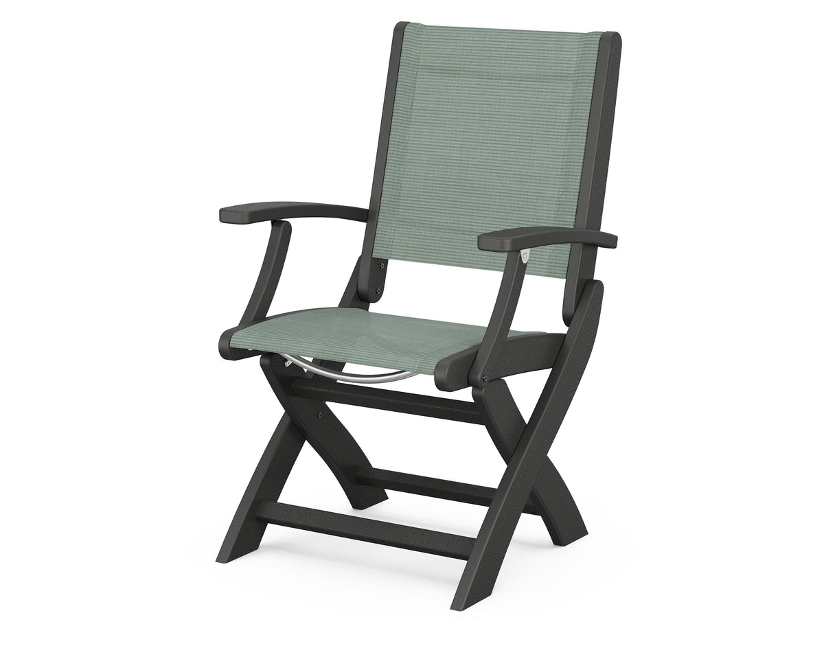 POLYWOOD Coastal Folding Chair in Black with Black arms and Dupioni Sea Mist sling