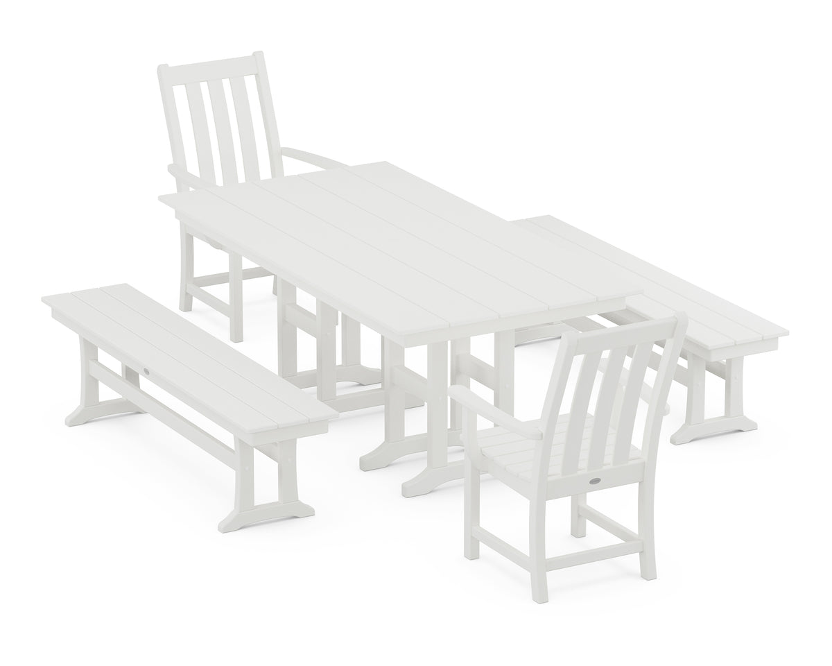 POLYWOOD Vineyard 5-Piece Farmhouse Dining Set with Benches in Vintage White