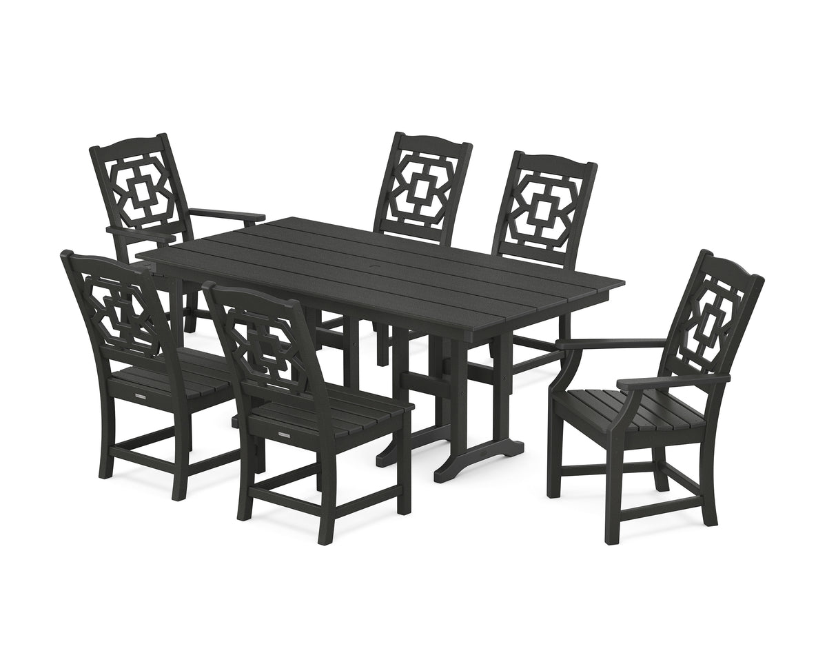 POLYWOOD Chinoiserie 7-Piece Farmhouse Dining Set in Black