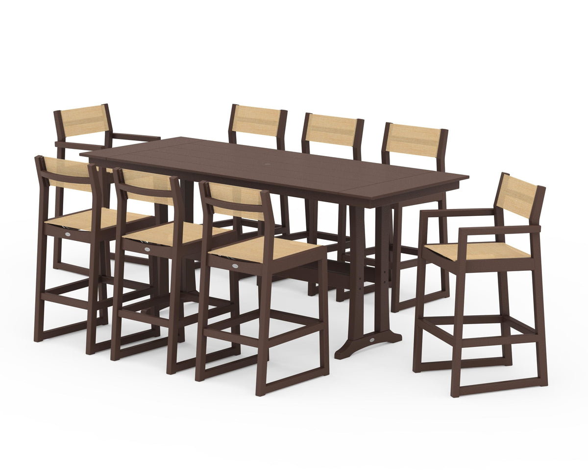 POLYWOOD EDGE Sling 9-Piece Farmhouse Bar Set with Trestle Legs in Mahogany / Dupioni Apricot