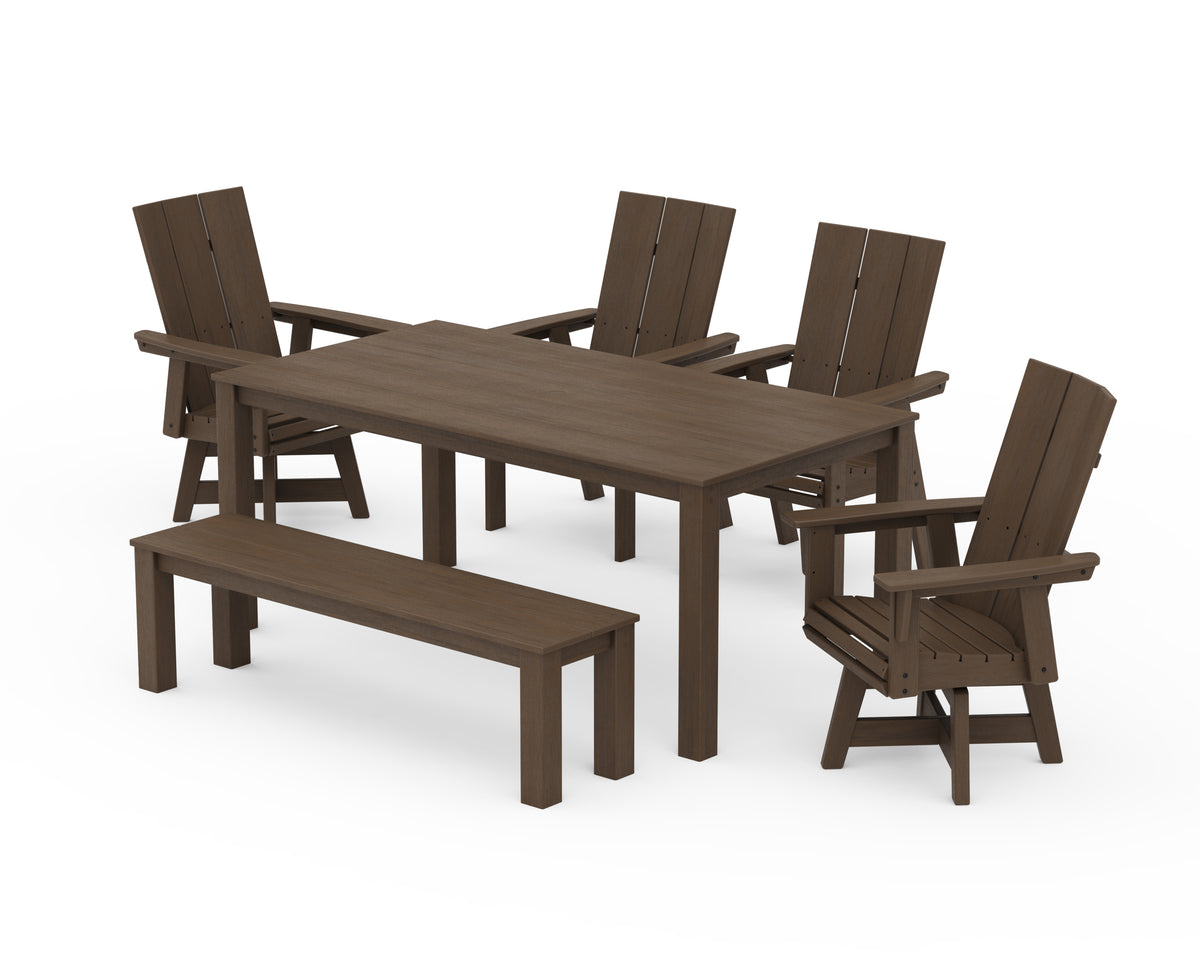 POLYWOOD Modern Curveback Adirondack 6-Piece Parsons Swivel Dining Set with Bench in Kona