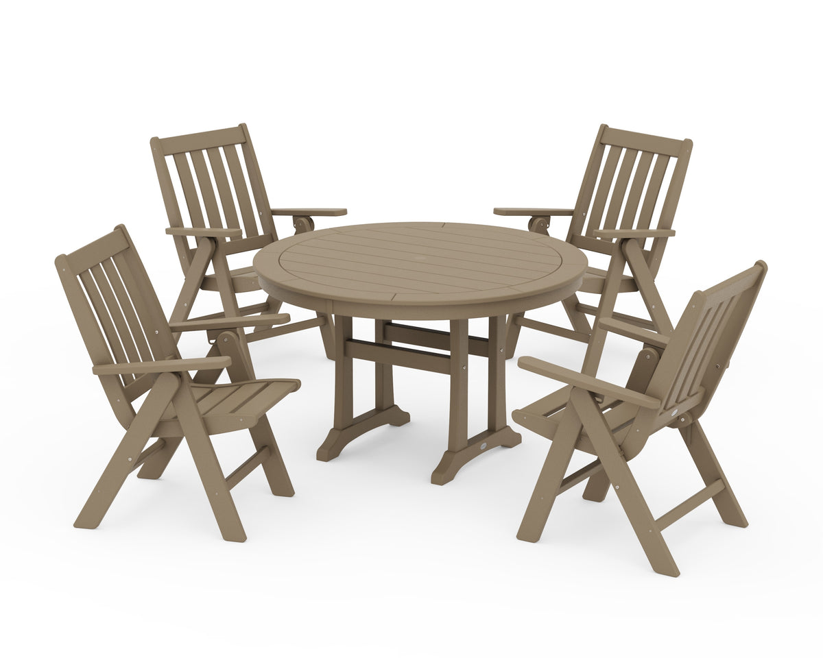 POLYWOOD Vineyard Folding Chair 5-Piece Round Dining Set with Trestle Legs in Vintage Sahara