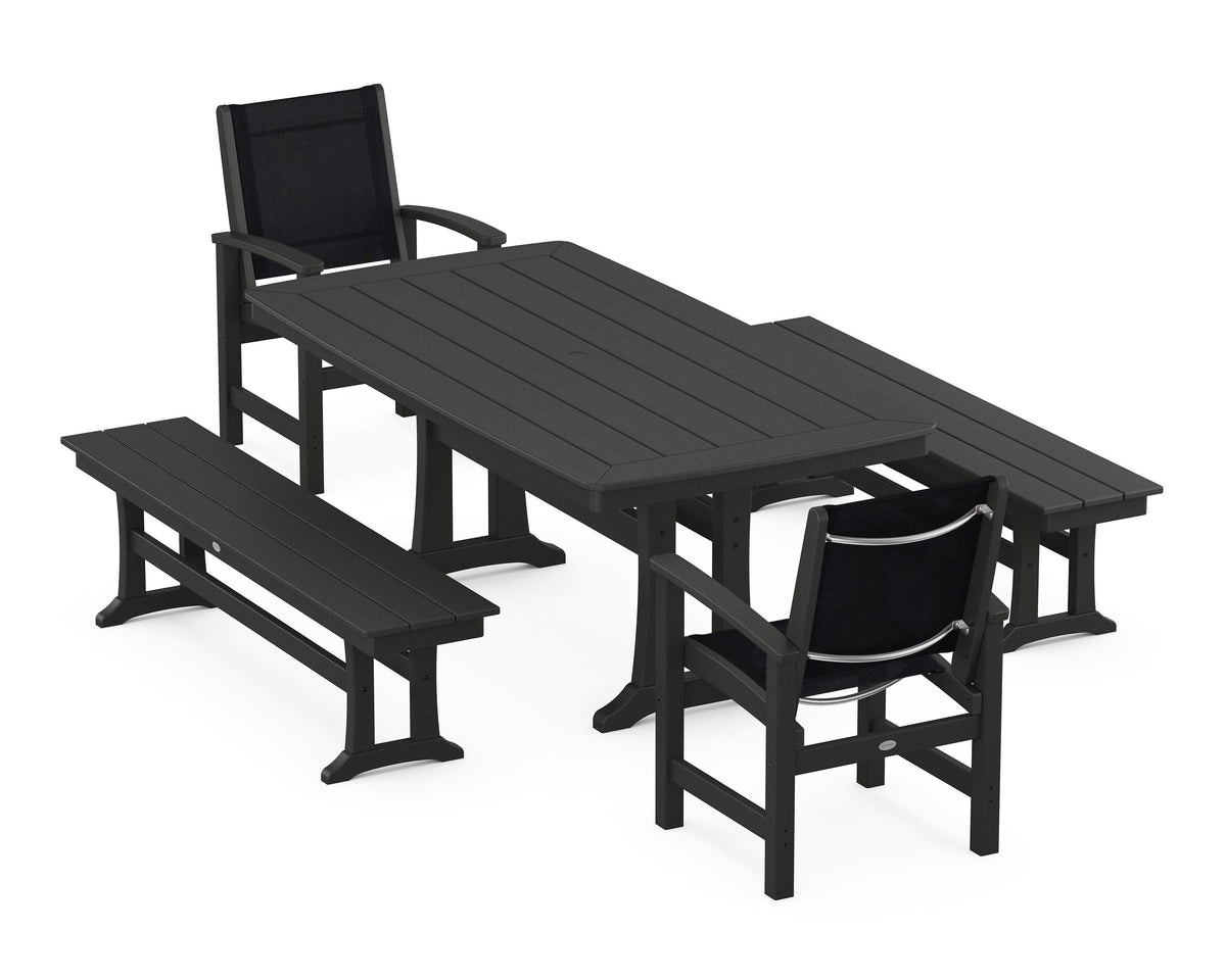 POLYWOOD Coastal 5-Piece Dining Set with Trestle Legs and Benches in Black / Black