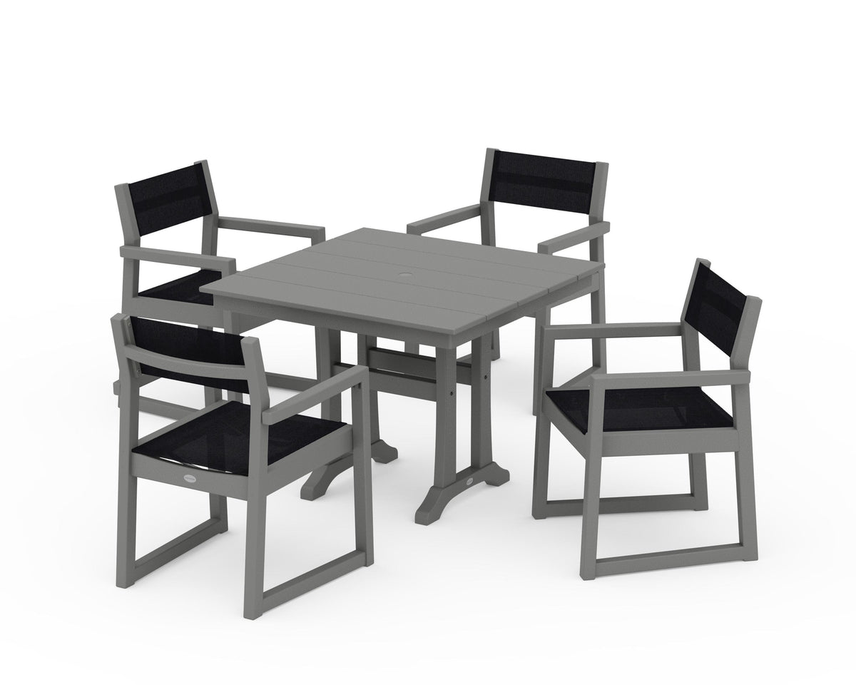 POLYWOOD EDGE Sling 5-Piece Farmhouse Dining Set with Trestle Legs in Slate Grey / Black