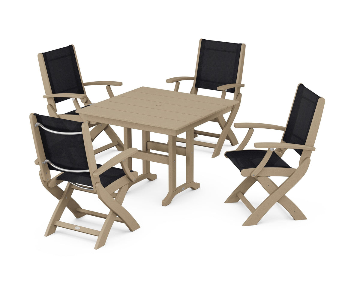 POLYWOOD Coastal Folding Chair 5-Piece Farmhouse Dining Set in Vintage Sahara / Black