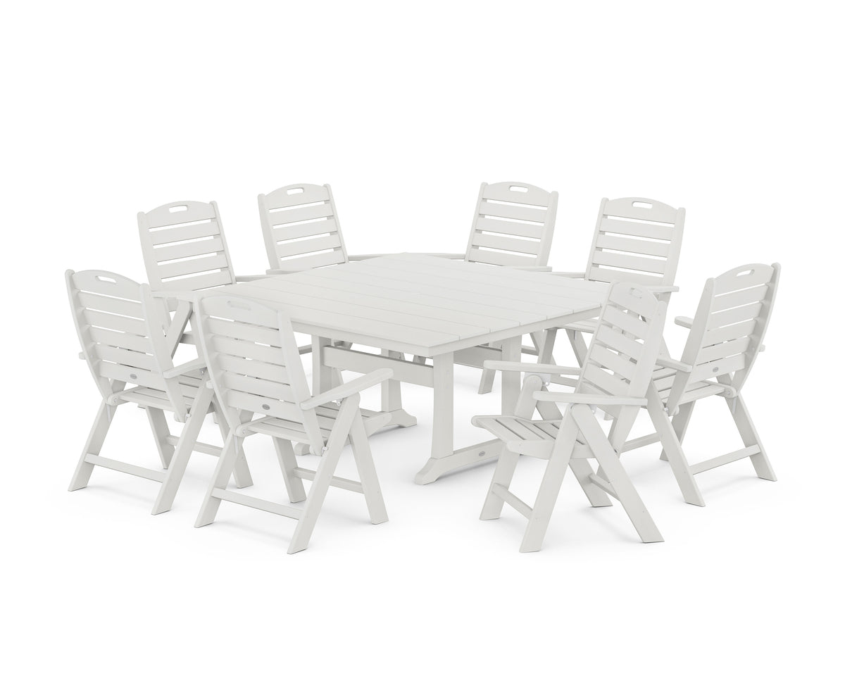 POLYWOOD Nautical Highback 9-Piece Square Farmhouse Dining Set with Trestle Legs in Vintage White