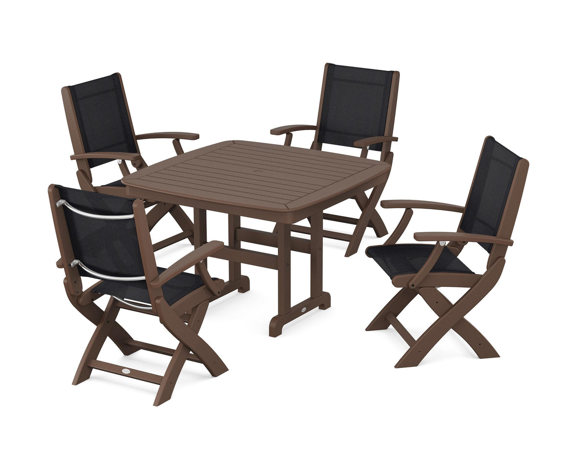 POLYWOOD Coastal Folding Chair 5-Piece Dining Set with Nautical 44" Dining Table in Mahogany / Black