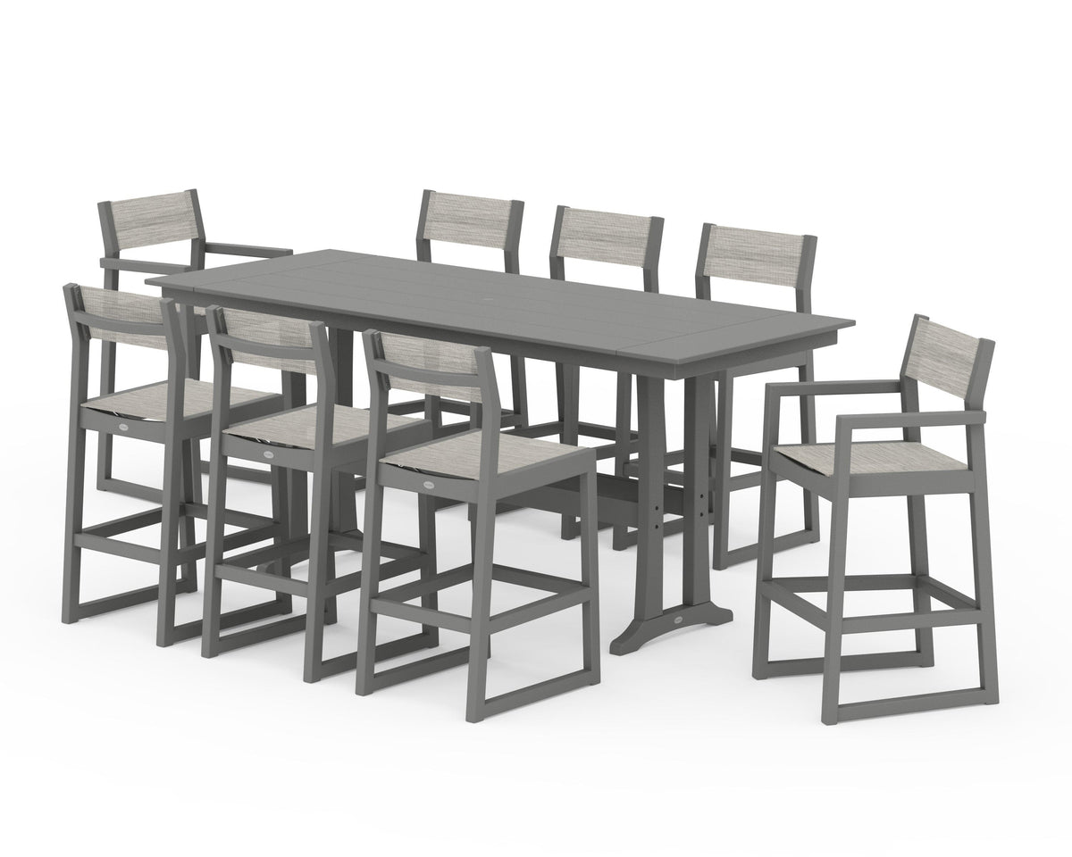POLYWOOD EDGE Sling 9-Piece Farmhouse Bar Set with Trestle Legs in Slate Grey / Birch