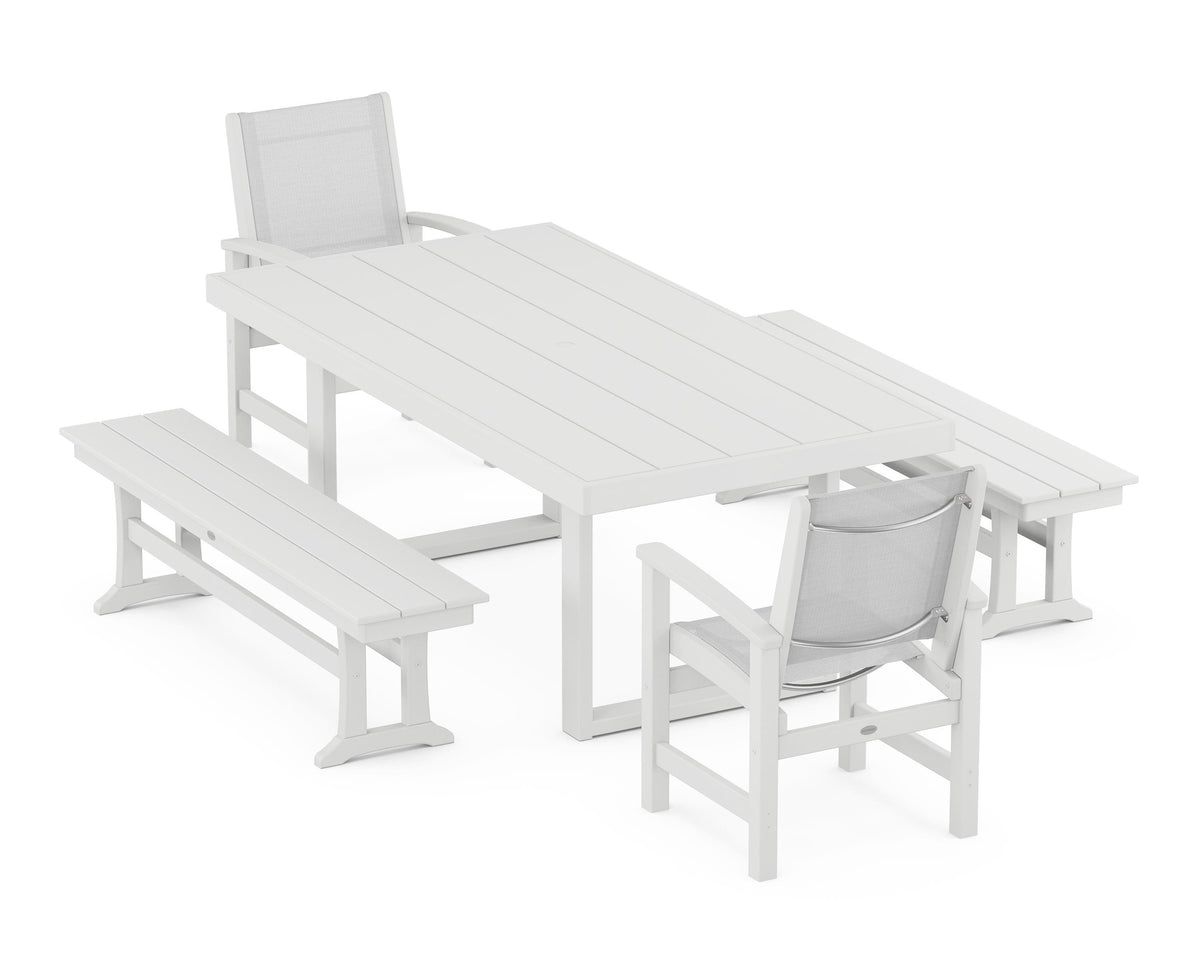 POLYWOOD Coastal 5-Piece Dining Set with Trestle Legs with EDGE 40" x 78" Dining Table in White / White