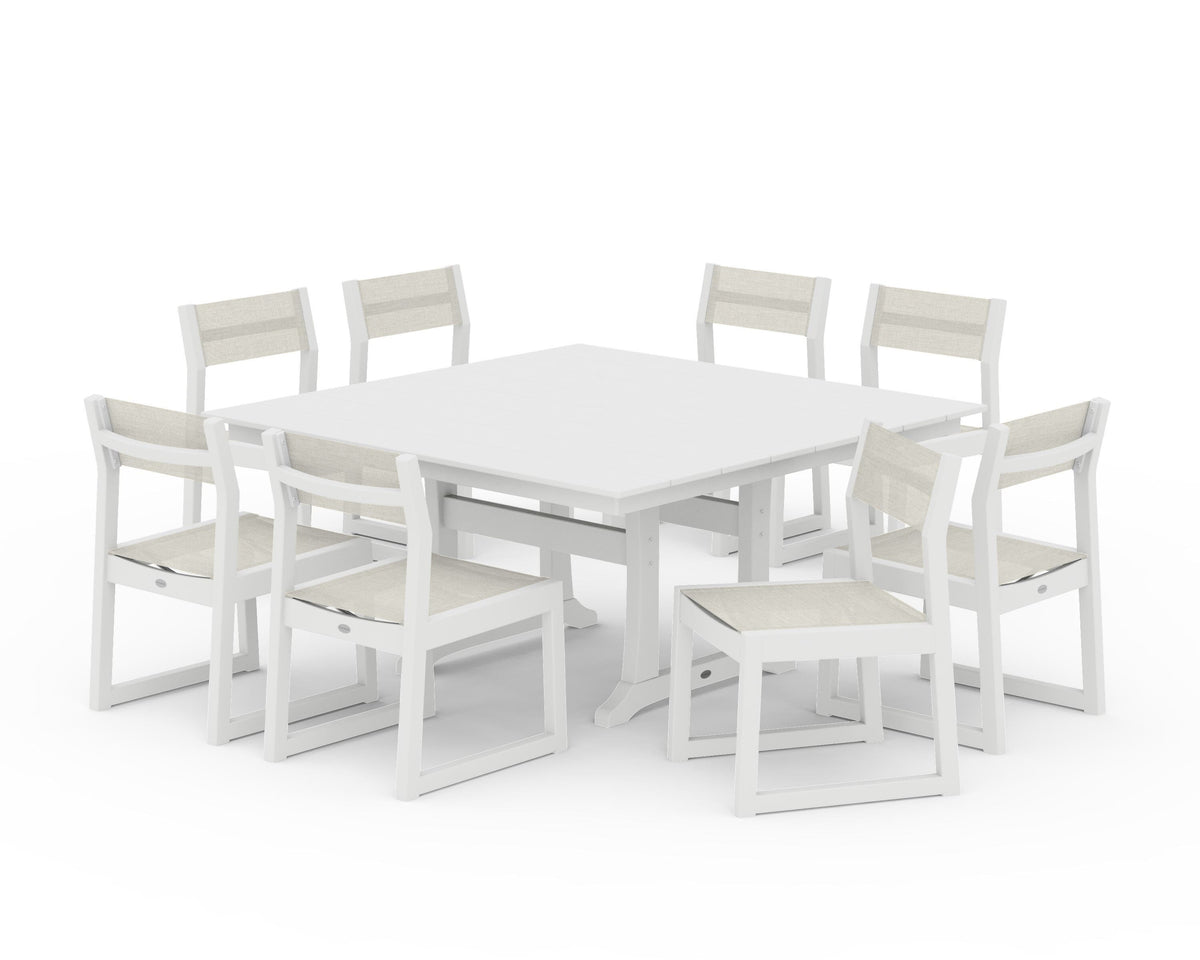 POLYWOOD EDGE Sling Side Chair 9-Piece Farmhouse Trestle Dining Set in White / Parchment