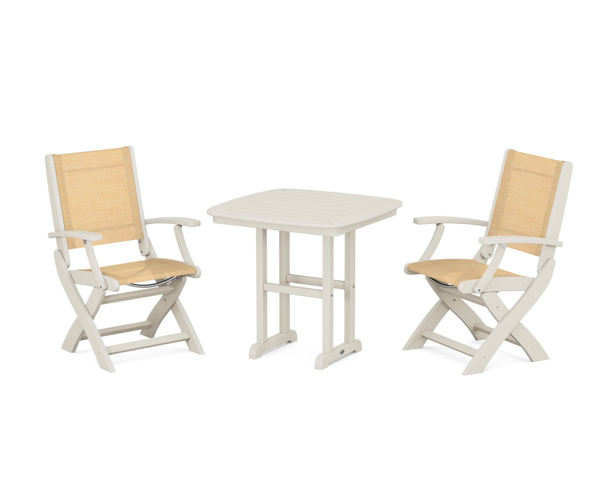 POLYWOOD Coastal Folding Chair 3-Piece Dining Set in Sand / Dupioni Apricot