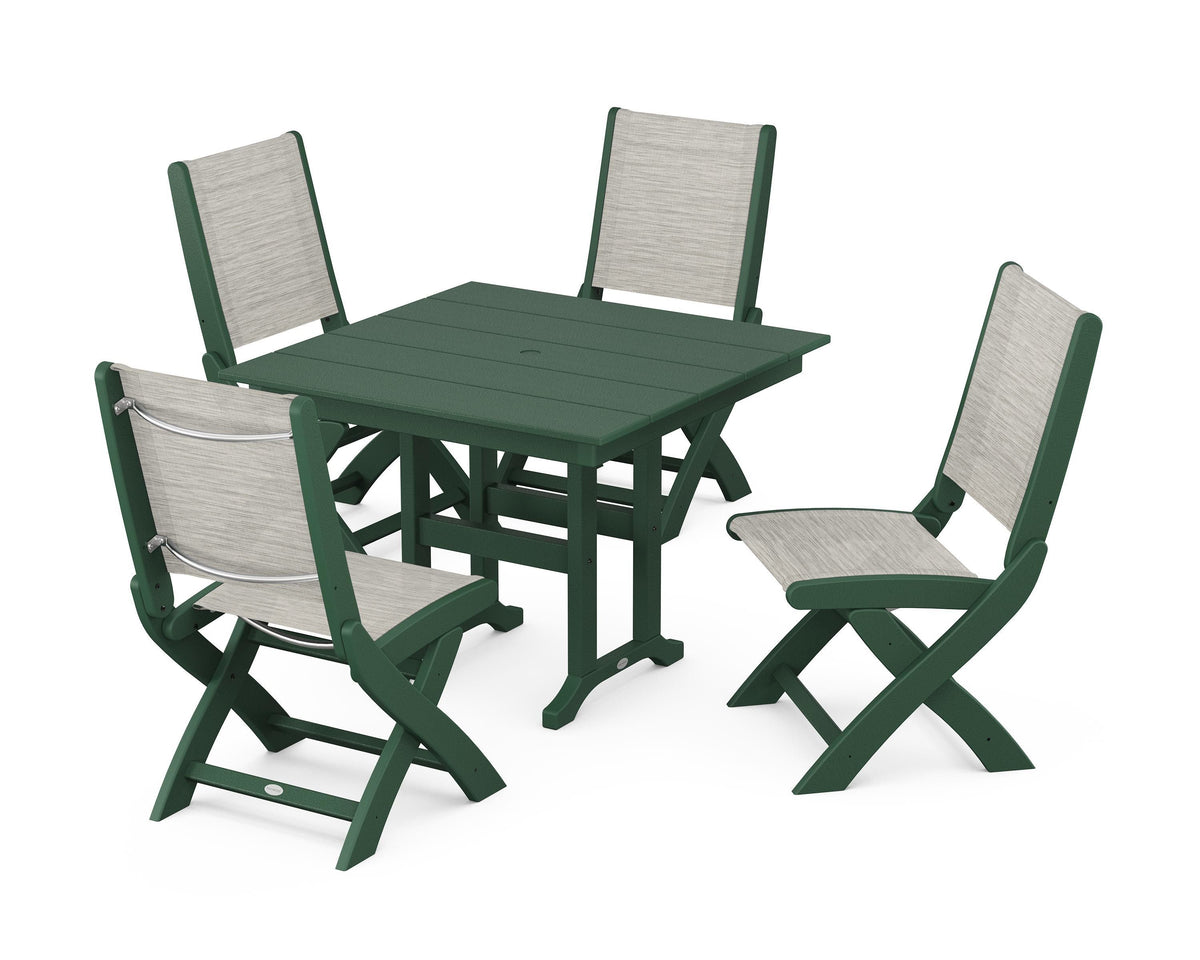 POLYWOOD Coastal Folding Side Chair 5-Piece Farmhouse Dining Set in Green / Birch