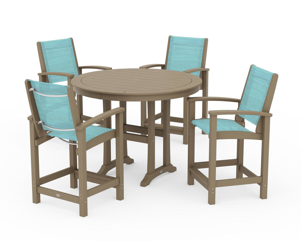 POLYWOOD Coastal 5-Piece Counter Set in Vintage Sahara / Dupioni Aquamarine