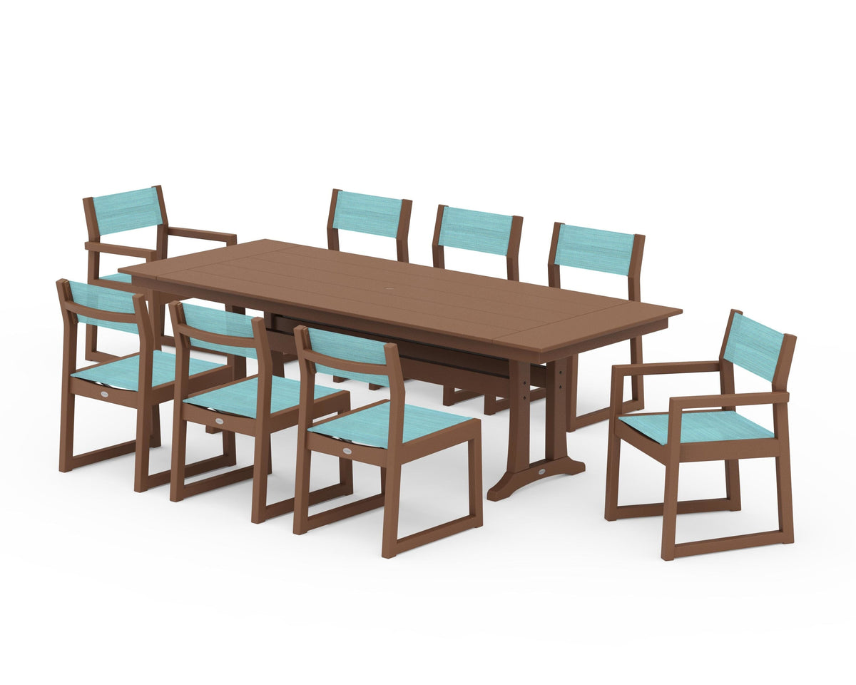 POLYWOOD EDGE Sling 9-Piece Farmhouse Trestle Dining Set in Teak / Dupioni Aquamarine
