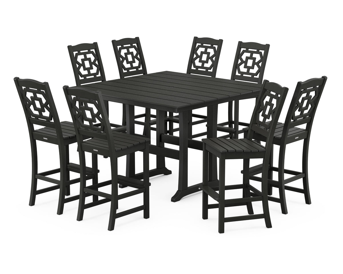 POLYWOOD Chinoiserie 9-Piece Square Farmhouse Side Chair Bar Set with Trestle Legs in Black