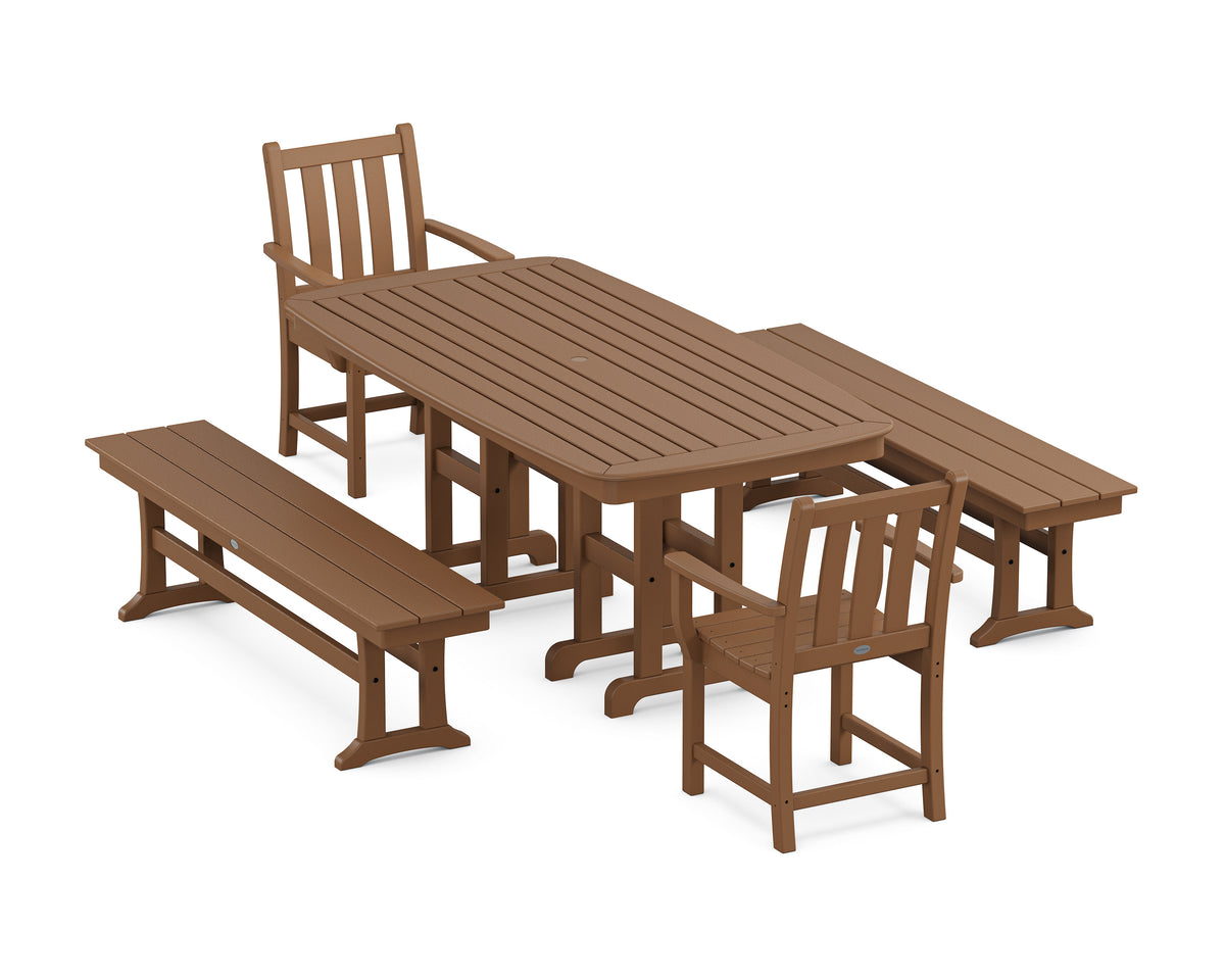 POLYWOOD Traditional Garden 5-Piece Dining Set with Benches - 37" x 72" Table in Teak