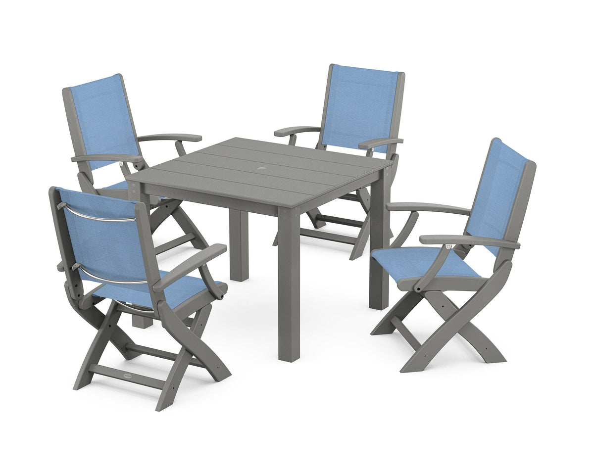 POLYWOOD Coastal Folding Chair 5-Piece Parsons Dining Set in Slate Grey / Poolside