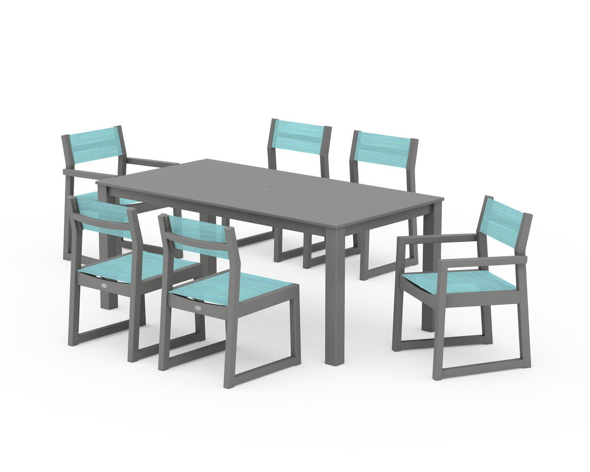 POLYWOOD EDGE Sling 7-Piece Parsons Dining Set in Slate Grey / Dupioni Aquamarine