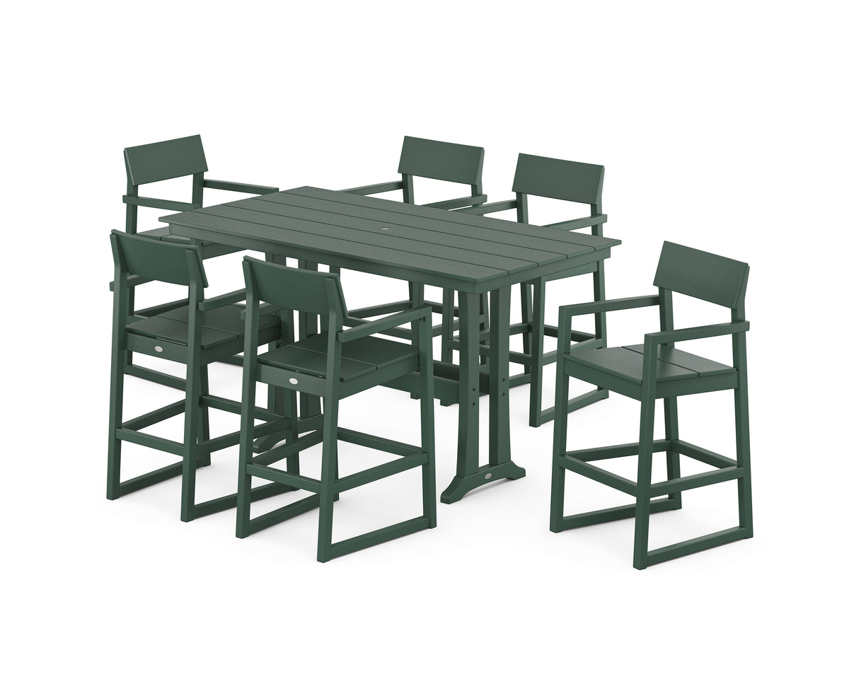 POLYWOOD EDGE Arm Chair 7-Piece Farmhouse Bar Set with Trestle Legs in Green