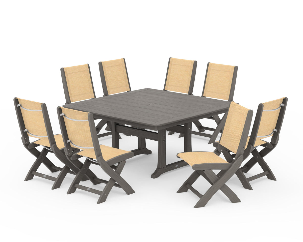 POLYWOOD Coastal Folding Side Chair 9-Piece Dining Set with Trestle Legs in Driftwood / Dupioni Apricot