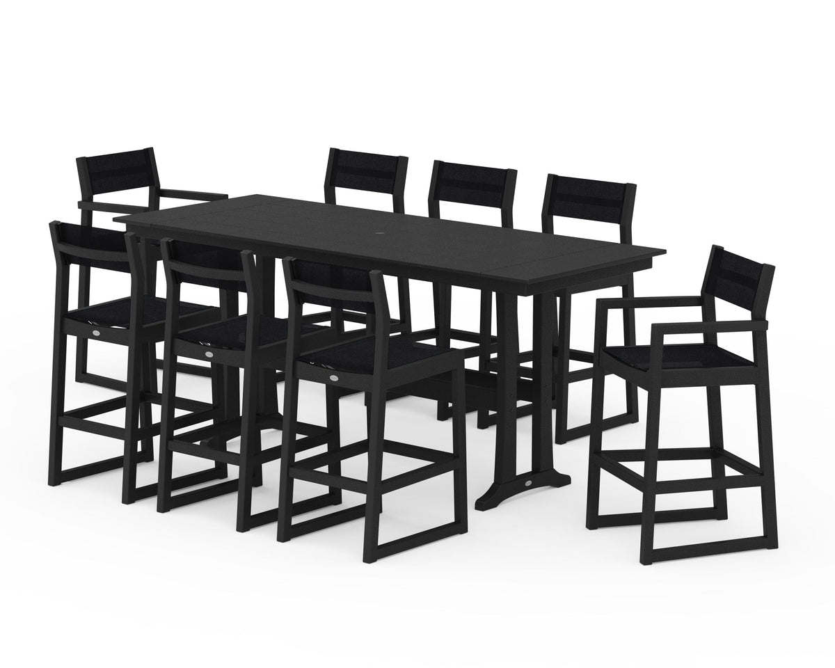 POLYWOOD EDGE Sling 9-Piece Farmhouse Bar Set with Trestle Legs in Black / Black