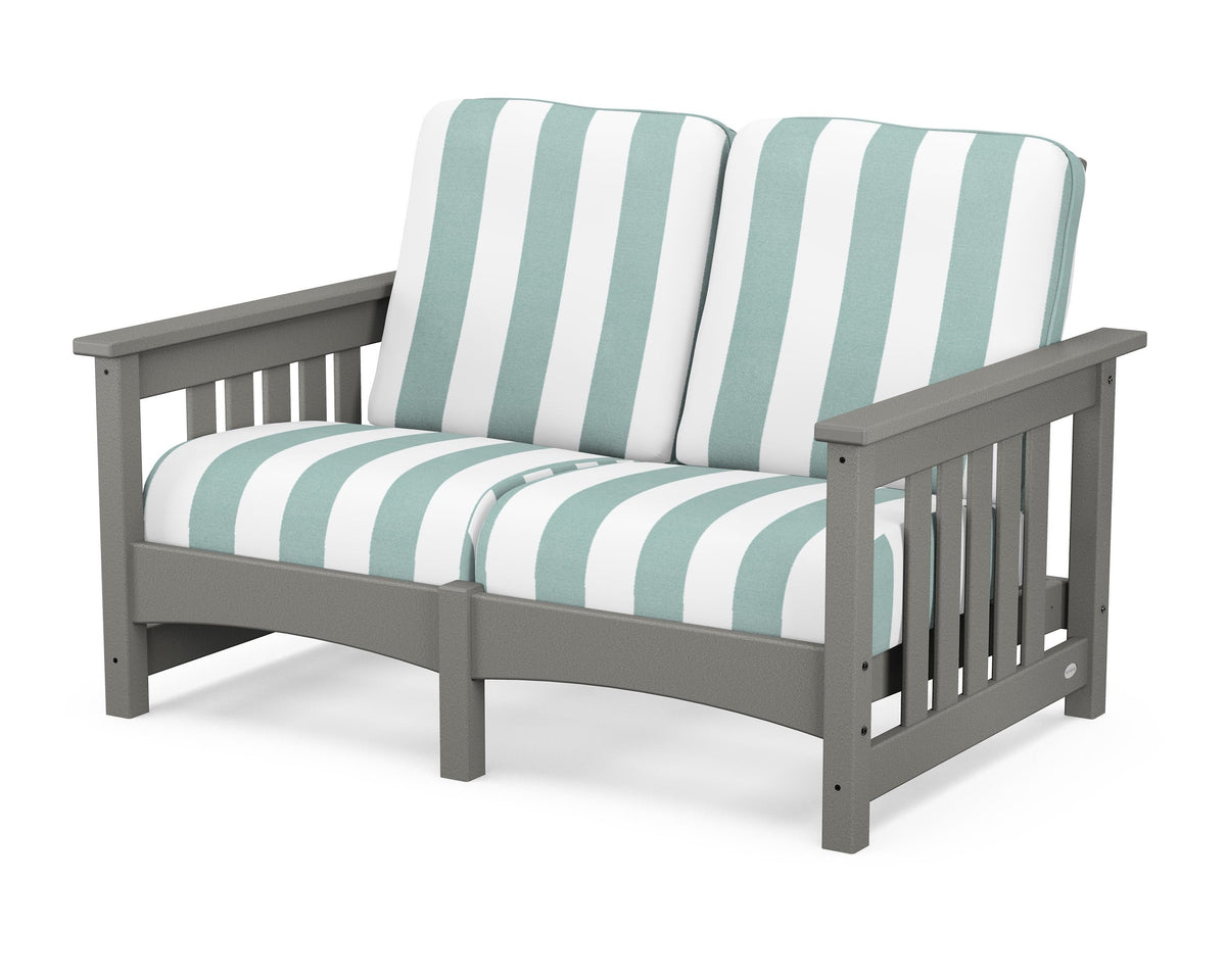 POLYWOOD Club Mission Loveseat in Slate Grey / Cabana Stripe Glacier Spa