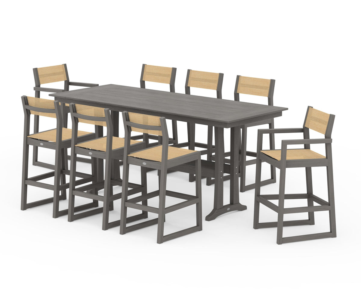 POLYWOOD EDGE Sling 9-Piece Farmhouse Bar Set with Trestle Legs in Driftwood / Dupioni Apricot