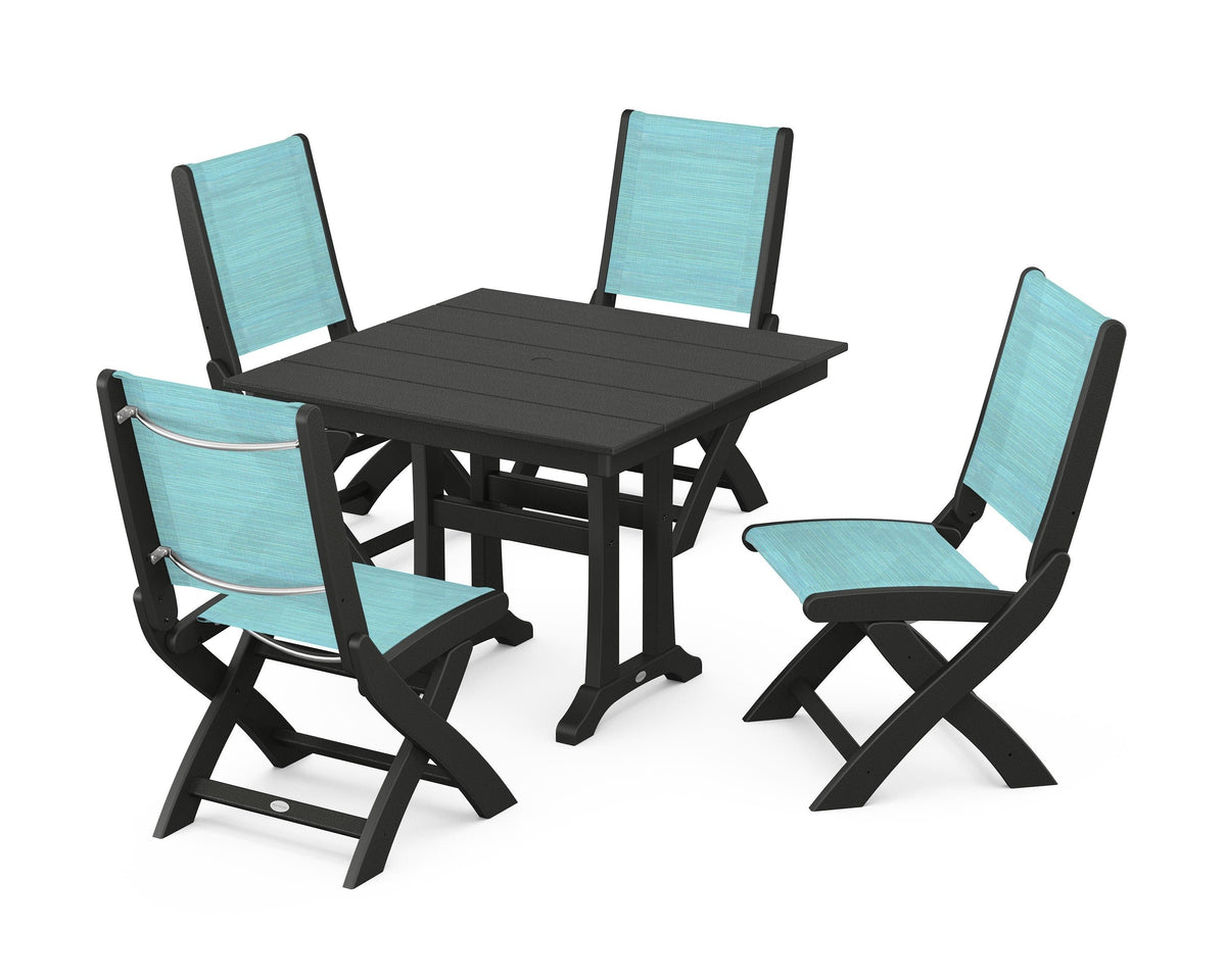 POLYWOOD Coastal Folding Side Chair 5-Piece Farmhouse Dining Set With Trestle Legs in Black / Dupioni Aquamarine