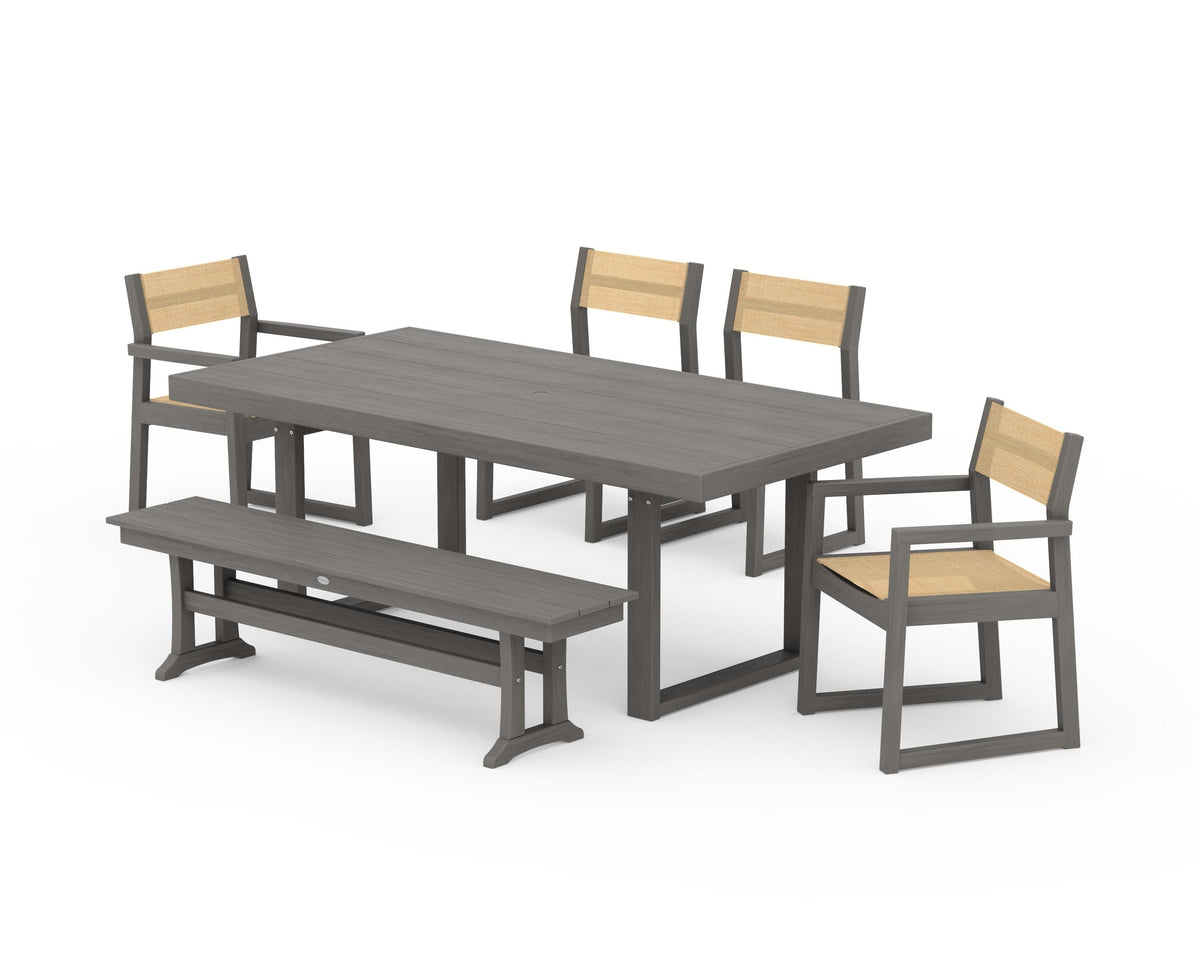 POLYWOOD EDGE Sling 6-Piece Dining Set with Bench in Driftwood / Dupioni Apricot