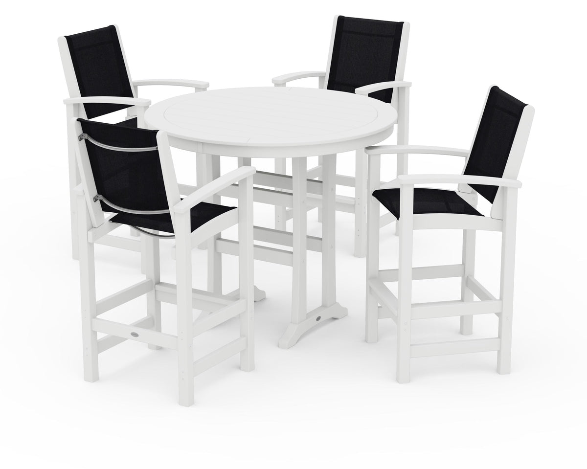 POLYWOOD Coastal 5-Piece Nautical Trestle Bar Set in White / Black