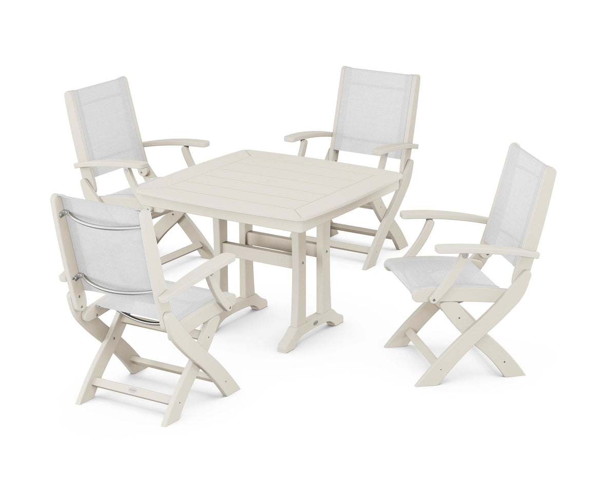 POLYWOOD Coastal Folding Chair 5-Piece Dining Set with Trestle Legs in Sand / White