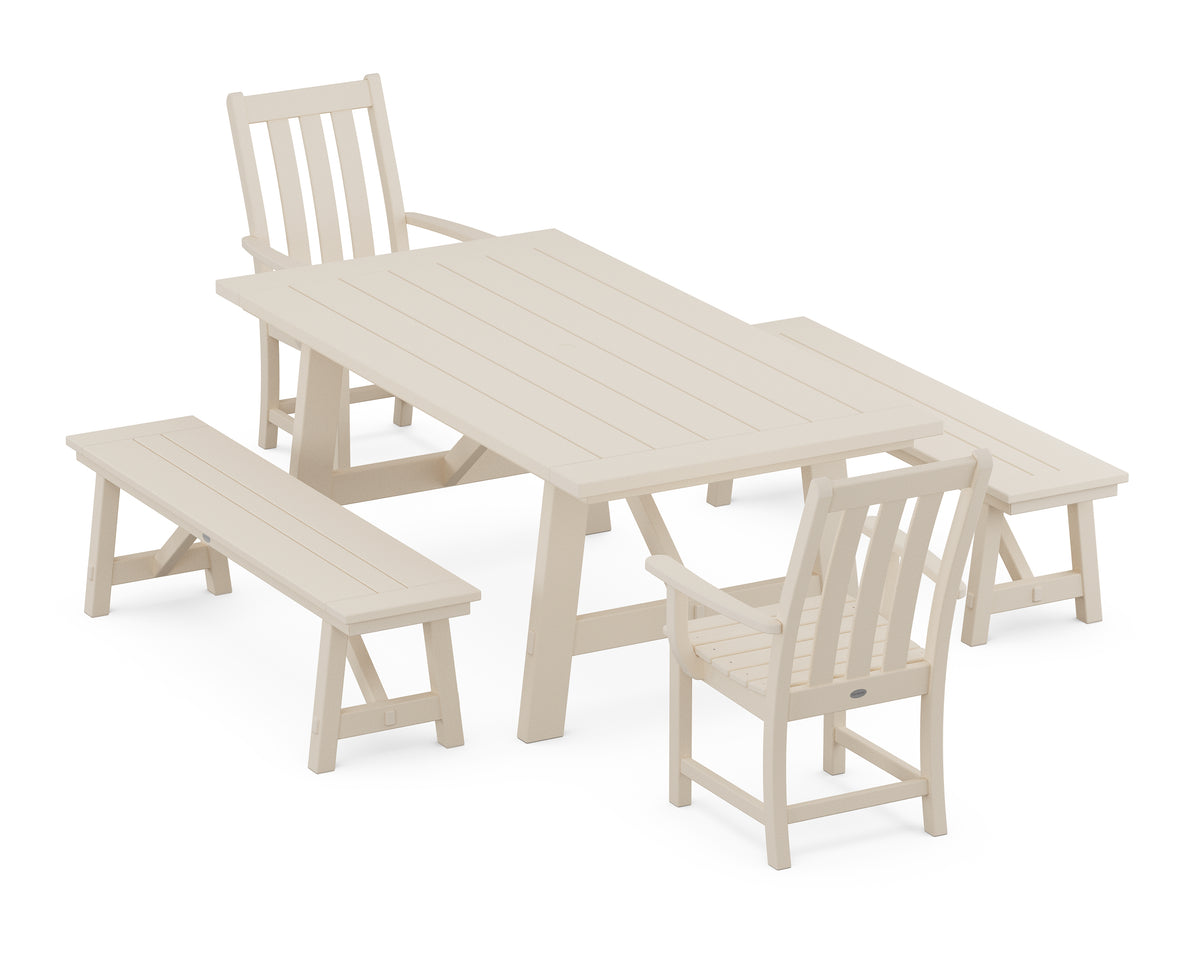 POLYWOOD Vineyard 5-Piece Rustic Farmhouse Dining Set with Benches in Sand