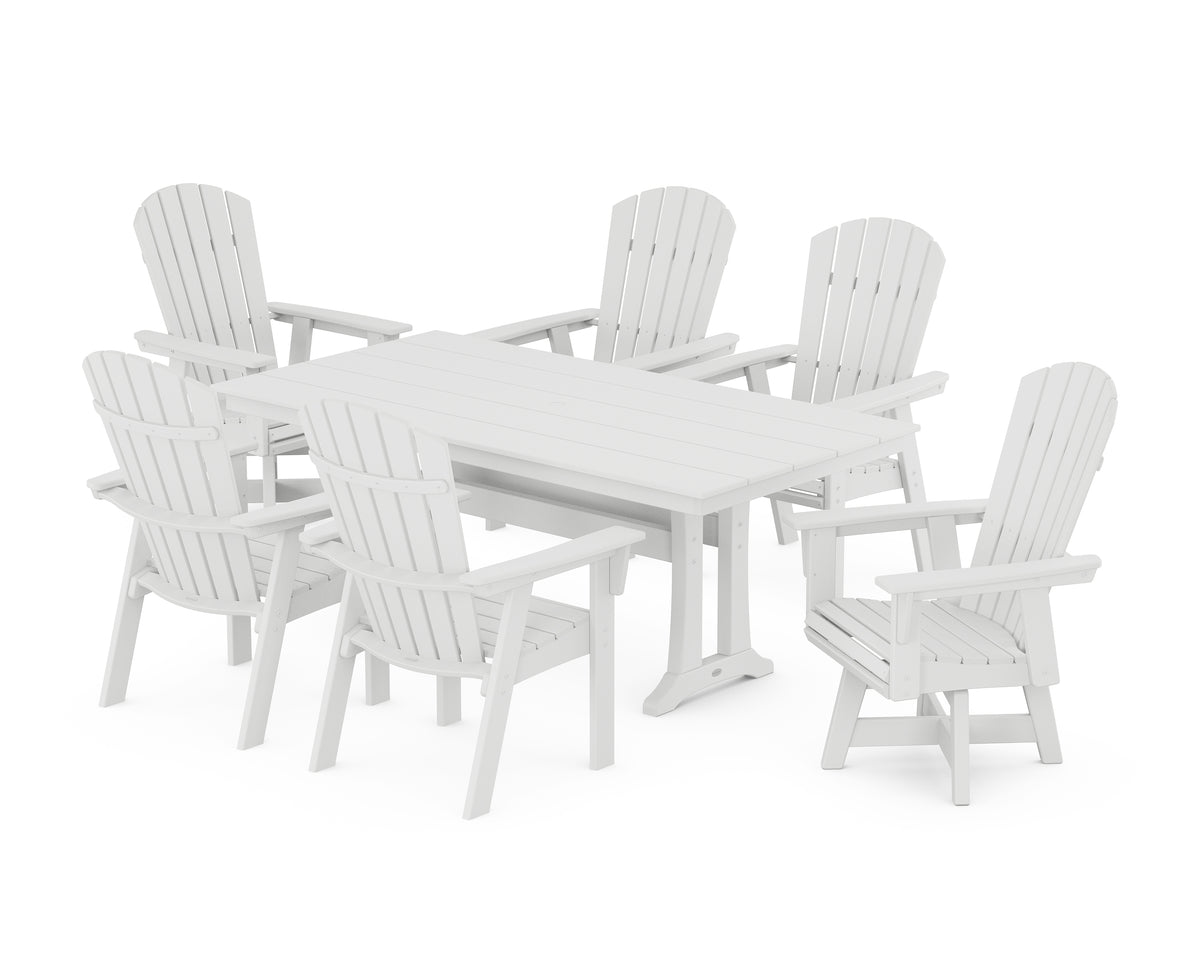 POLYWOOD Nautical Curveback Adirondack Swivel Chair 7-Piece Farmhouse Dining Set with Trestle Legs in White
