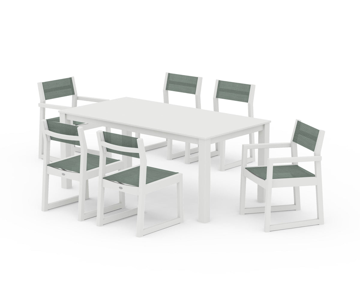 POLYWOOD EDGE Sling 7-Piece Parsons Dining Set in Vintage White / Dupioni Sea Mist