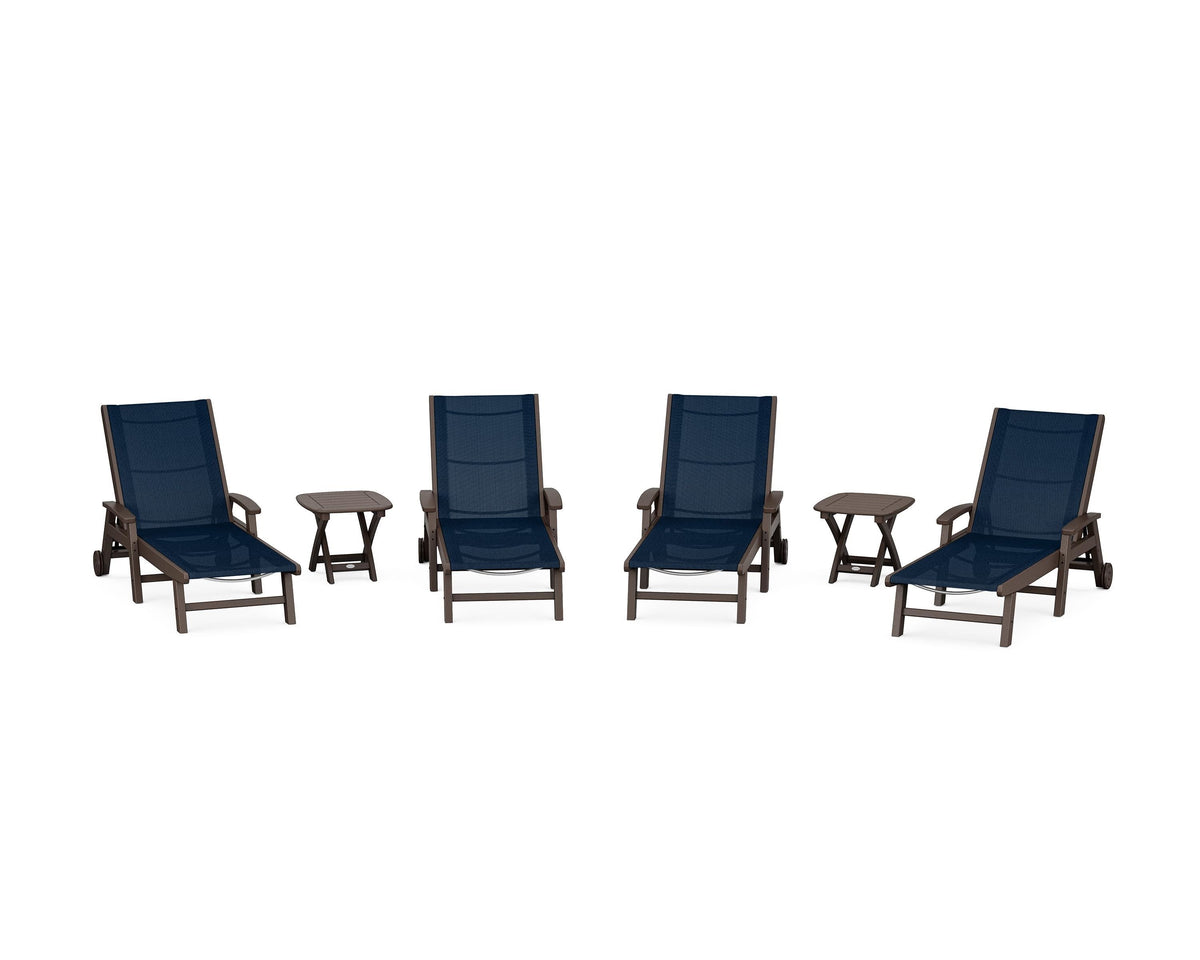 POLYWOOD Coastal Chaise 6-Piece Set with Wheels in Mahogany / Navy Blue