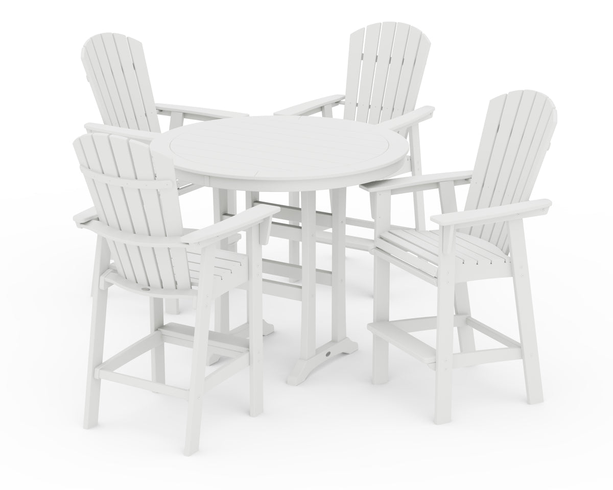 POLYWOOD Nautical Curveback Adirondack 5-Piece Round Trestle Bar Set in White