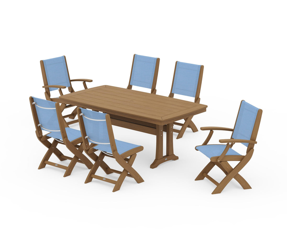 POLYWOOD Coastal Folding Chair 7-Piece Dining Set with Trestle Legs with Nautical Trestle 38" x 73" Dining Table in Natural / Poolside