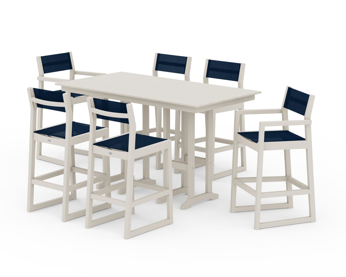 POLYWOOD EDGE Sling 7-Piece Farmhouse Bar Set in Sand / Navy Blue