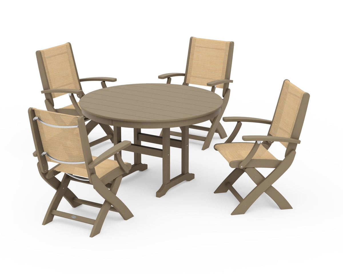 POLYWOOD Coastal Folding Chair 5-Piece Round Dining Set in Vintage Sahara / Dupioni Apricot