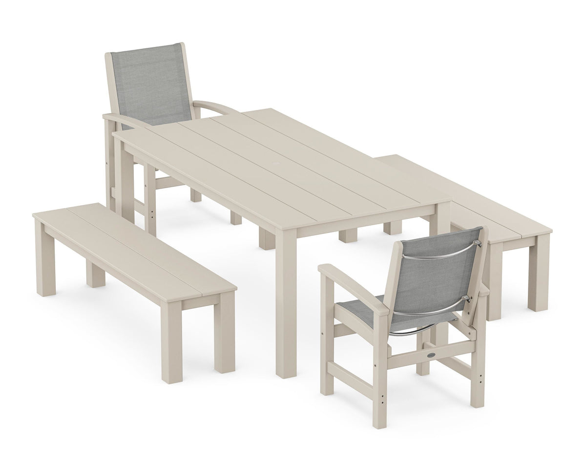 POLYWOOD Coastal 5-Piece Parsons Dining Set with Benches in Sand / Metallic