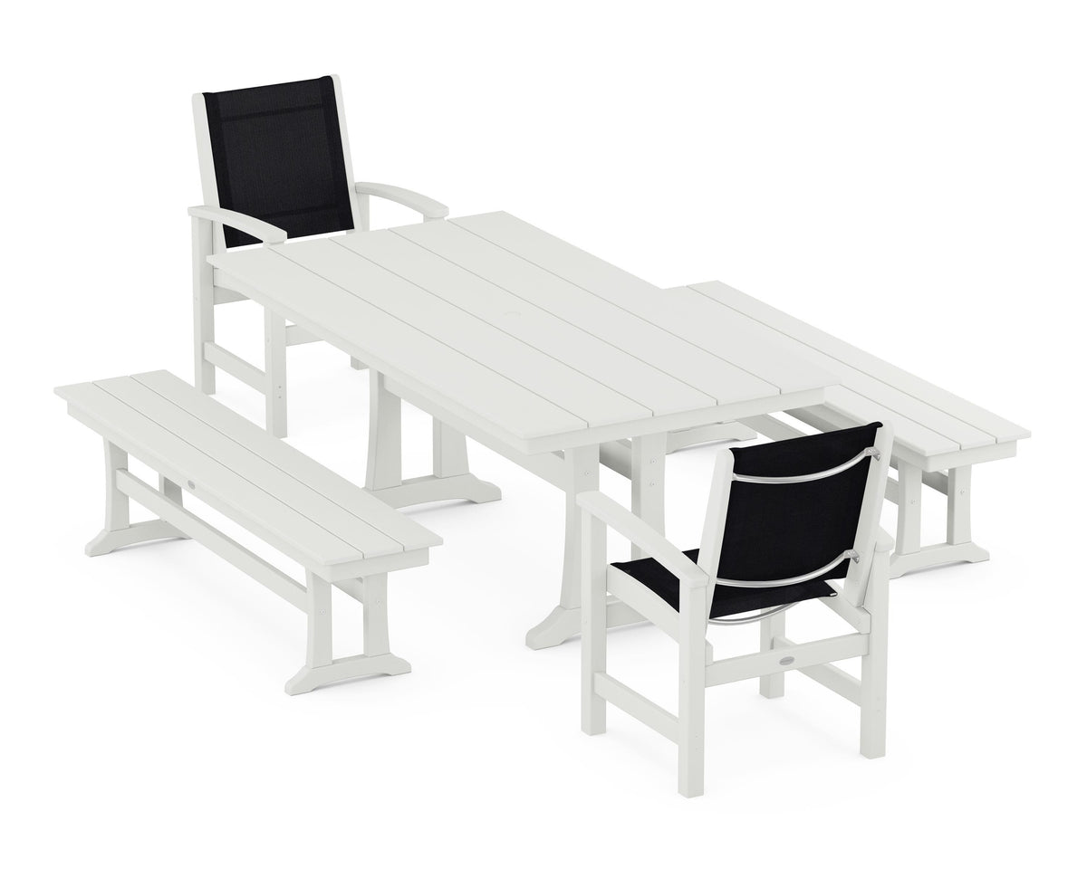 POLYWOOD Coastal 5-Piece Farmhouse Dining Set with Trestle Legs and Benches in Vintage White / Black