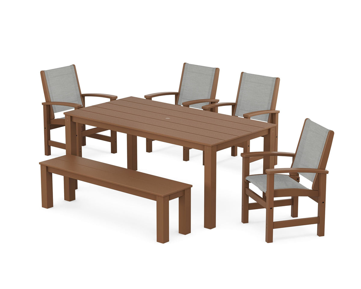 POLYWOOD Coastal 6-Piece Parsons Dining Set with Bench in Teak / Metallic
