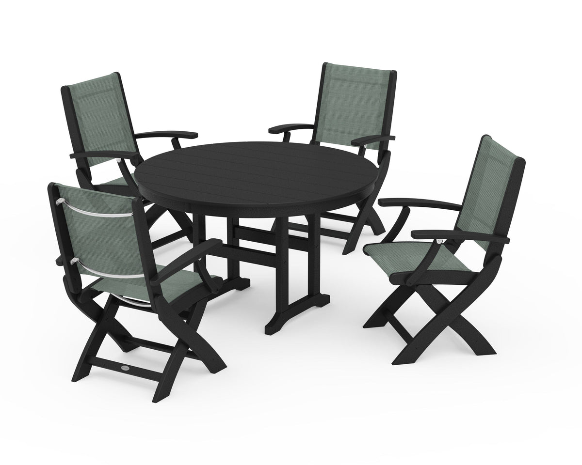 POLYWOOD Coastal Folding Chair 5-Piece Round Dining Set in Black / Dupioni Sea Mist